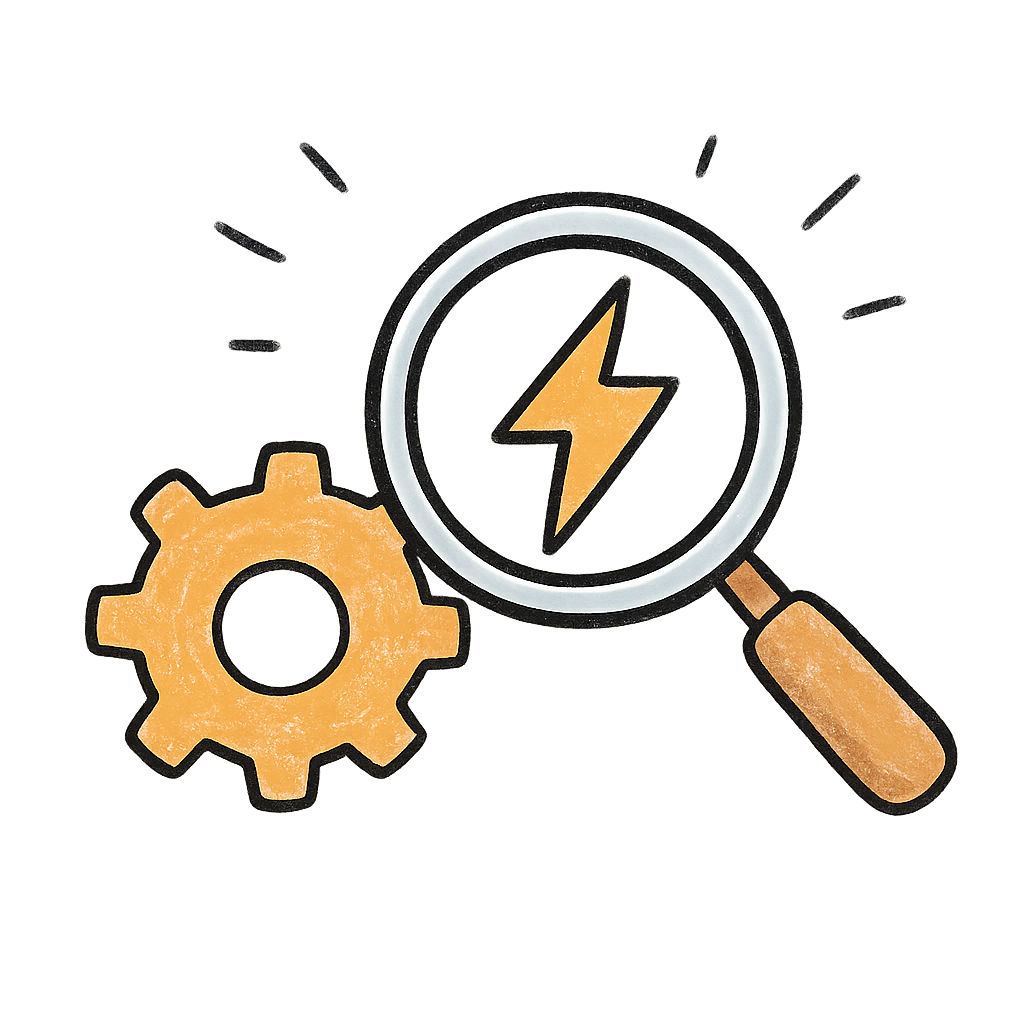 Magnifying glass with lightning bolt and gear representing fast AI processing